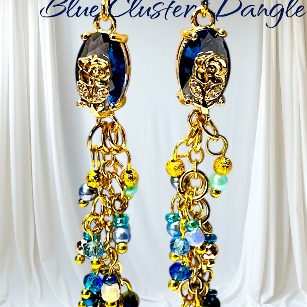 Elegant Gold and Blue Cluster Dangle Earrings